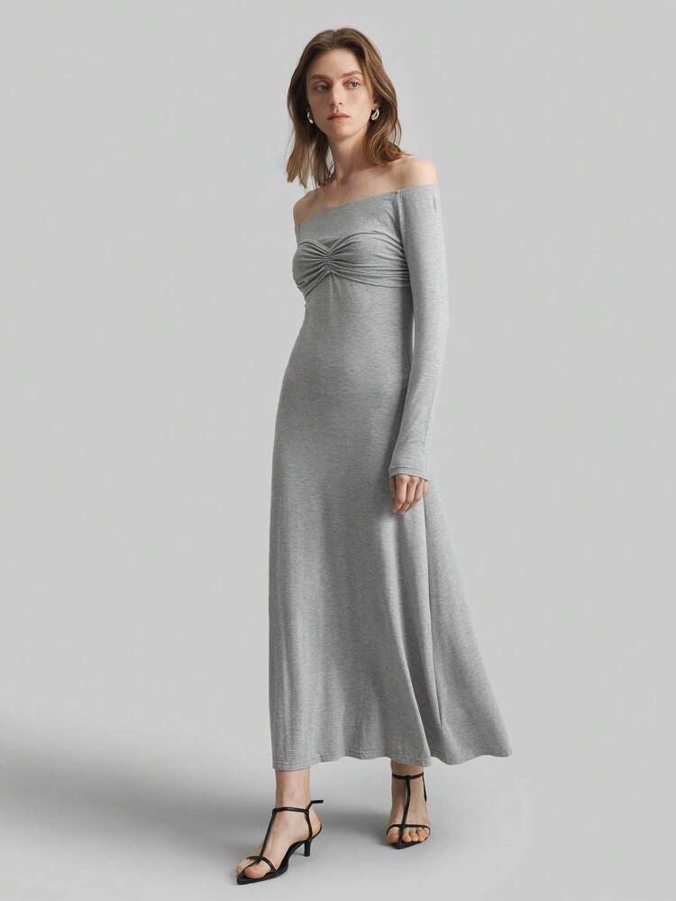 Women's Elegant Unique Ruched Off Shoulder Knee Length Knit Stretchy Dress, Light Gray, 90s Style