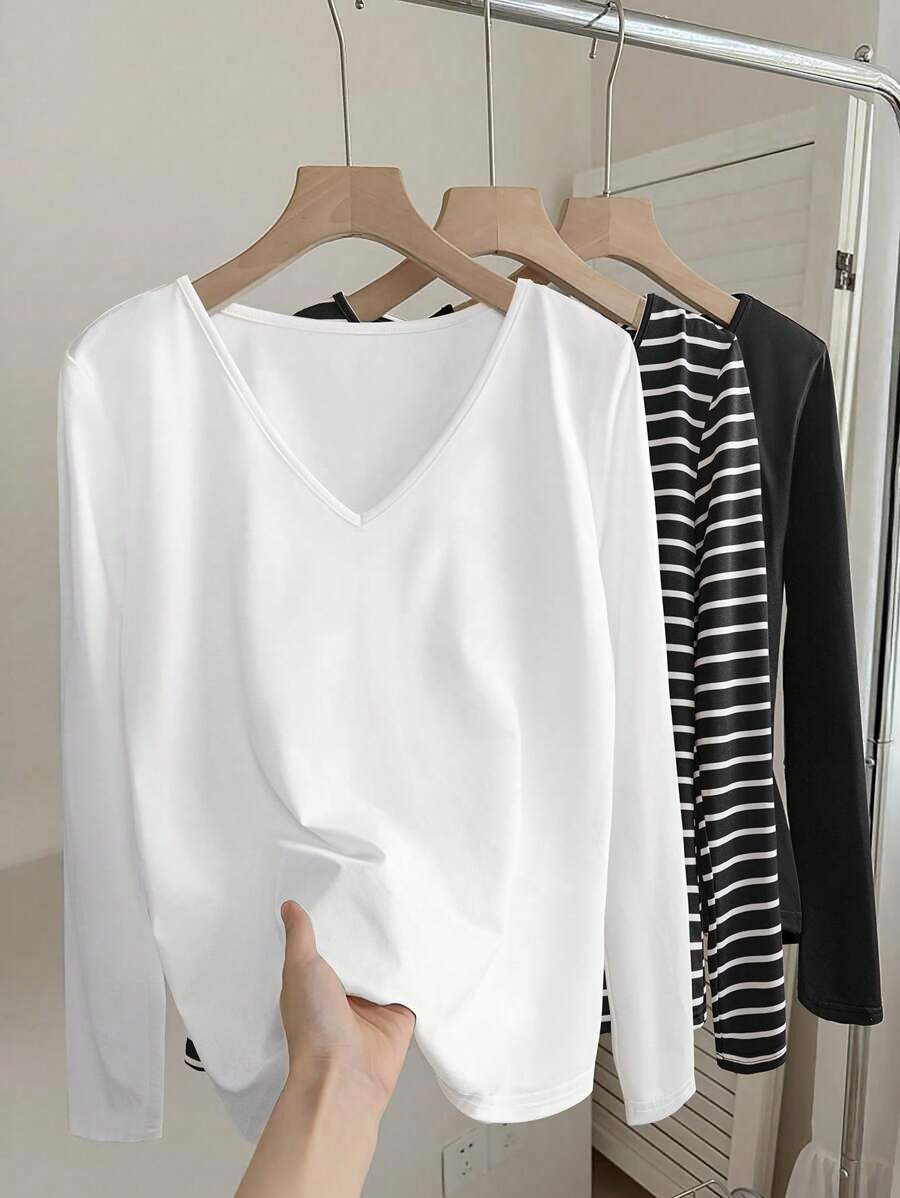 SHEIN LUNE V Neck Top Solid V Neck Long Sleeve Tee - Black and White - View 1