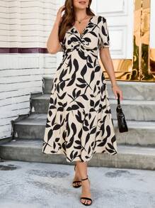 SHEIN Frenchy Plus Size Resort Dresses, Printed Dresses, Summer Short-Sleeved Dresses, Casual Dresses, Boho/Bohemian, Women Beachwear, Long Beach Dress, Plant Print Twist Knot Casual Work Dress - Apricot - View 3
