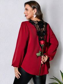 EMERY ROSE Camisas de manga larga para mujer talla grande para el Día de San Valentín, elegante camisa roja con costuras de encaje negro, ropa de primavera
