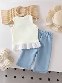 Baby Girl Cute Bow Decor Sleeveless Tank Top And Casual Pants Set, Summer