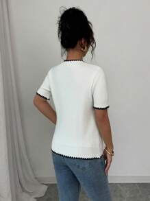 Elenzga Women's Versatile Color Block Bow Knitted Top - White - View 2