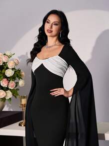 Modelyn Vestido feminino elegante preto e branco manga longa estilo sereia bodycon - Preto e Branco - Ver 1