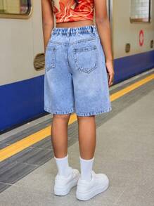 SHEIN Jeans corti a vita alta per ragazze pre-adolescenti, stile Y2K anni 2000, lavati, casual, ampi, a gamba larga, lunghezza al ginocchio, abbigliamento autunnale per ragazze, look da strada per il ritorno a scuola