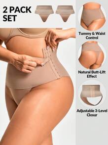 2 Packs Plus Size Shaping High-Waisted Thong Set Shapewear Bottom Body Shaper Butt Lifter With Adjustable 3-Level Closure Butt Lifter-Tummy Waist Control - Apricot - View 1