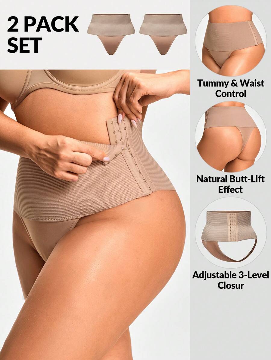 2 Packs Plus Size Shaping High-Waisted Thong Set Shapewear Bottom Body Shaper Butt Lifter With Adjustable 3-Level Closure Butt Lifter-Tummy Waist Control - Apricot - View 1