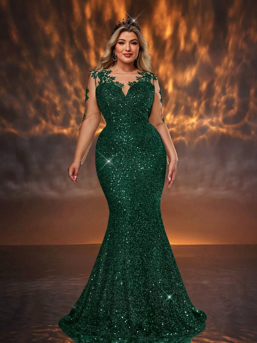 Glamrae 大码优雅亮片装饰网眼 V 领高腰鱼尾廓形晚礼服、婚礼宾客礼服、派对礼服、正式礼服