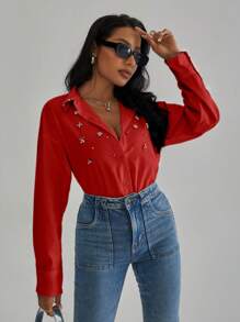 Aveloria Modichic 女士长袖衬衫，带有钻石装饰，优雅商务休闲女士纽扣衬衫 - 紅色 - 查看 3