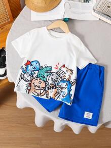 年轻男孩男孩休闲街头日韩可爱宽松卡通涂鸦图案短袖大码T恤短裤两件套适合日常出行运动居家度假适合春夏季节 - 彩色 - 查看 3