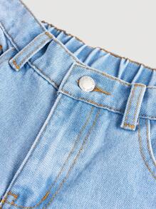 SHEIN Girlism Tween 女童 Y2K 复古水洗高腰猫须水洗宽松直筒牛仔裤，Tween 女童秋冬装返校街头装 - 淺色水洗藍 - 查看 3