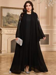 Al Najma Plus Size Women's Elegant Rhinestone Embellished Flare Sleeve Arabic Abaya Robe,Modest