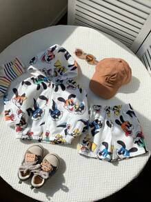 SHEIN 2 Pieces Set Baby Boy Cute Cartoon Pattern Hoodie Jacket And Shorts Casual Holiday Outfit, Spring & Summer