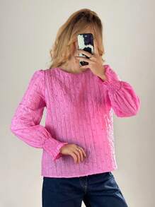 Forever 21 Spring Casual Commute Puff Sleeve Fuzzy Trim Elegant Office Lady Blouse - Pink - View 1
