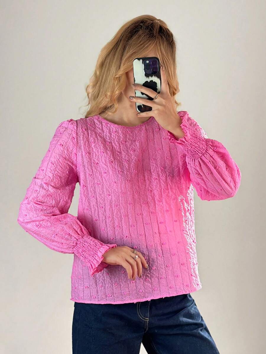 Forever 21 Spring Casual Commute Puff Sleeve Fuzzy Trim Elegant Office Lady Blouse - Pink - View 1