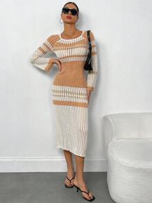Vestido de punto calado con puños abombados de rayas de contraste - Albaricoque - Ver 4