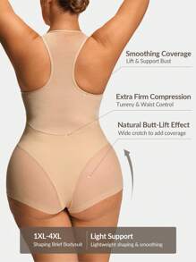 SHAPORA Plus Size Shaping Plunge Deep-V Shapewear Brief Bodysuit Body Shaper Butt Lifter -Tummy Waist Thigh Control - Apricot - View 2