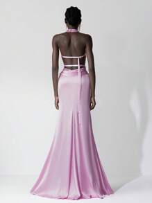 SHEIN Belle 优雅浅粉色缎面高领露背伴娘礼服，配有可调节雪纺领带和鱼尾造型 - 淺粉色 - 查看 1