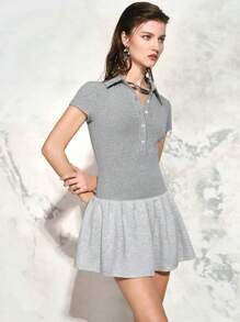 SHEIN LUNE 女式马球领罗纹拼布休闲迷你连衣裙，春夏 - 灰色 - 查看 6