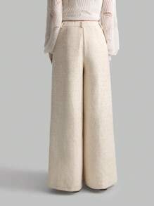 Ontre 女装 2025 新款春季情人节象牙色粗花呢点缀高腰优雅阔腿裤带口袋，复古风格西装裤 - 白色 - 查看 6