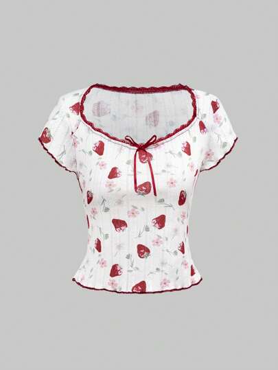 Kawaii Blusa de mujer minimalista informal y sensual con estampado floral diminuto, lazo elástico y ajuste ceñido, estilo Mori Girl de primavera