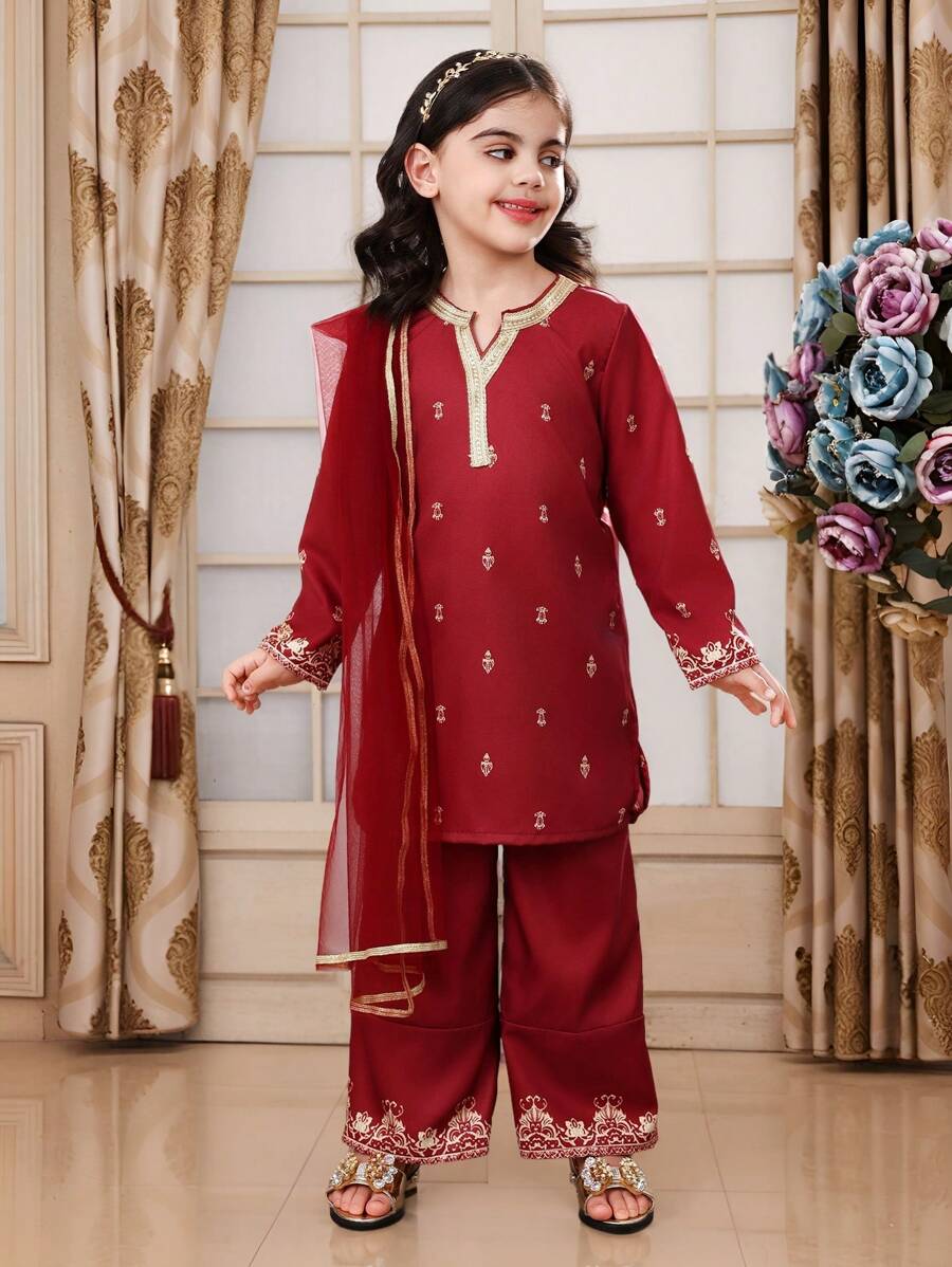2pcs Young Girl Printed Robe Top & Pants With Scarf Set - Burgundy - View 1