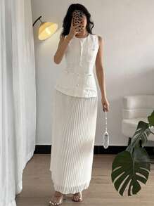 Chiquease 法式优雅成熟合身单排扣背心和百褶中裙百搭套装 - 杏色 - 查看 2