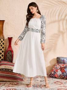 Al Najma Embroidered Halter Neck Women's Arabic Style Dress, Arabian Dresses - White - View 4