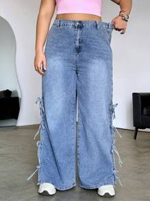 SHEIN MOD Jeans anchos de pierna ancha y sueltos de talla grande con lazo en la cintura, jeans con lazo, pantalones de jeans para mujeres, pantalones holgados para mujeres, azul - Lavado ligero - Ver 3