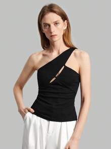 Ontre 女款 2025 新款黑色春季无袖单肩纯色修身露脐上衣带镂空装饰 - 黑色 - 查看 10