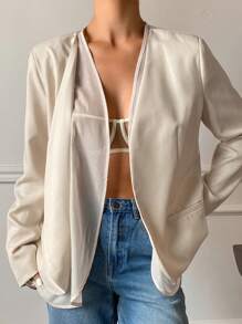 DAZY Elegant Casual Old Money Spring And Summer Splicing Mesh Loose Long-Sleeved Women's Suit Jacket Women Blazers, Fall Clothes Business Attire - Beige - View 6