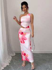 Elenzga 2pcs/Set Floral Print Shoulder Top & Hollowed Waist Skirt