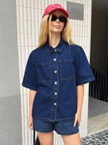 SHEIN Forever 21 夏季新款翻领牛仔水洗休闲百搭通勤女士牛仔衬衫 - 藍色 - 查看 7