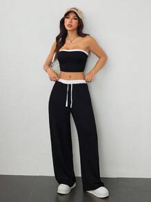 SHEIN PETITE Conjunto de dos piezas para mujer de verano: top tubo sexy de bloques de color + pantalones de cintura alta con cordones