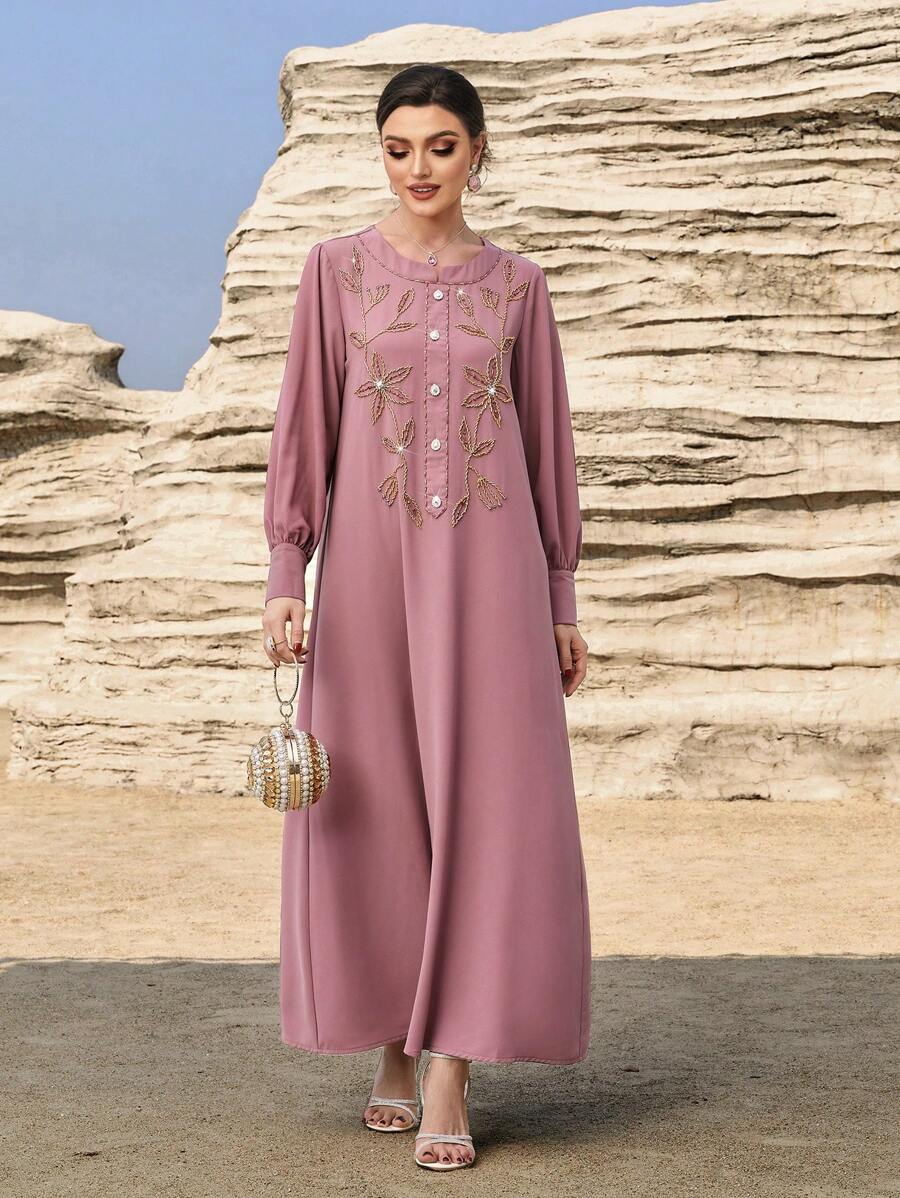 Layrah Handmade Beaded Round Neck Long Sleeve Maxi Dress, For Holiday - Coral Pink - View 1