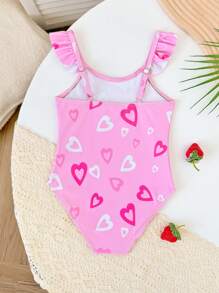 SHEIN Young Girl 1pc One-Piece Swimsuit With Ruffles, Cartoon Print, Random Other Prints - Pink - View 2