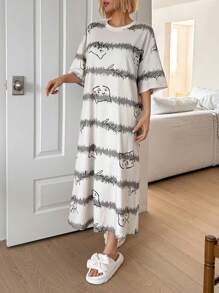 DAZY Vestido tipo camiseta de ajuste holgado con estampado de patrones de dibujos animados lindos para mujeres