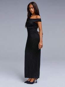 Athîral Women's Asymmetrical Neck Short Sleeve Slim Fit Long Elegant Party Dress