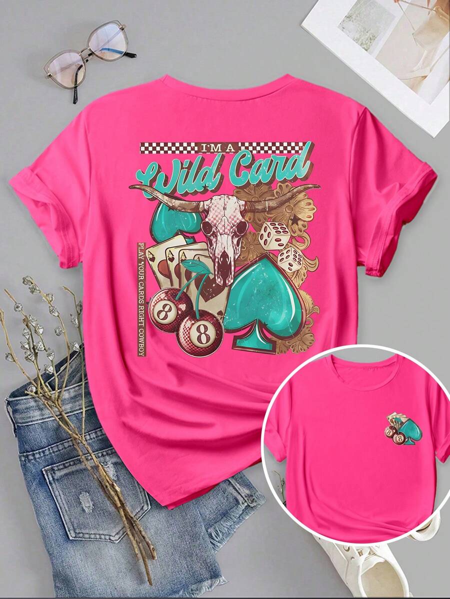 INAWLY Women's Casual Vacation Short Sleeve Tee, Retro Western Themed Heart, Sheep Head, Cherry Print, Round Neck, Spring/Summer