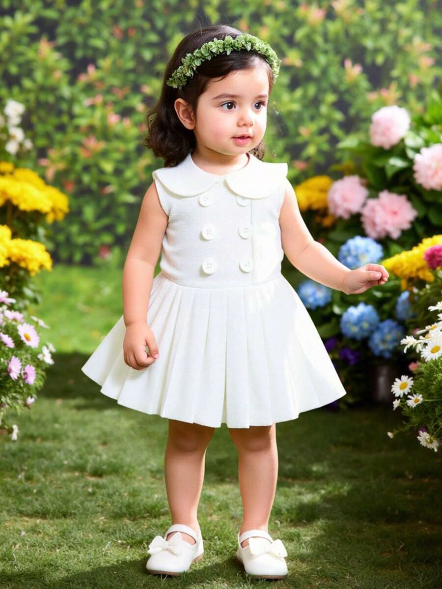 SHEIN Baby Girls Elegant Solid Color Peter Pan Collar Sleeveless A-Line Pleated Dress - White - View 1