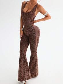 Slayform 1件豹纹深V领褶饰腰喇叭连体裤 - 咖啡棕 - 查看 5