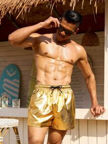 Manfinity Swimmode 男士简约时尚休闲沙滩短裤，日常穿着 - 金色 - 查看 5