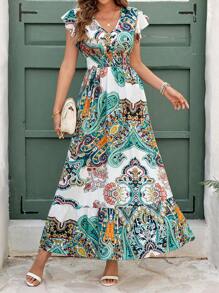 SHEIN Clasi Vacation Dress,Allover Floral Print Summer Long Dress For Women,Lotus Leaf Cap Sleeves With Waist Cinched A Hem, Elegant Lotus Leaf Hem Summer Dress