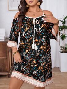 Breezaya Plus Size Women's Plant Print Off Shoulder Loose Vacation Dress
