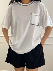 DAZY 2pcs Women Colorblock Loose Short Sleeve Home Wear Set Pajama - White - View 4