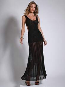 COSMINA Women's Long Black Crochet Hollow Out Mesh Vacation Dress - Black - View 5