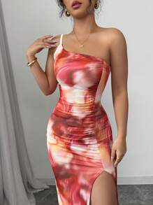 Chiquease French Elegant Sexy One Shoulder Spaghetti Strap Ruched Slit Abstract Pattern Women Bodycon Dress - Multicolor - View 1
