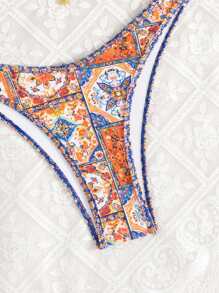 Swim Vcay 2pcs/Set Women Random Print Gold Accessory, Halter Top And High-Cut Bikini Bottom Bikini Swimwear, For Summer Beach Vacation - Multicolor - View 4