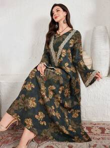 Al Najma 优雅花卉印花蕾丝花边喇叭袖阿拉伯连衣裙，阿拉伯连衣裙，端庄 - 綠色 - 查看 7