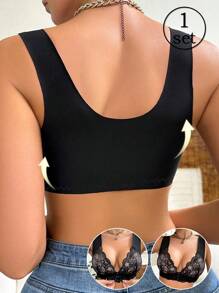 1 件套蕾丝前钩眼扣女士钢圈内衣文胸 - 黑色 - 查看 2