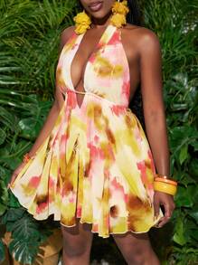 Slaydiva Beach New Spring And Summer Casual Vacation Halterneck Deep V-Neck Waist A-Hem Yellow Bottom Red Flower Woven Backless Women's Mini Dress-A - Yellow - View 7